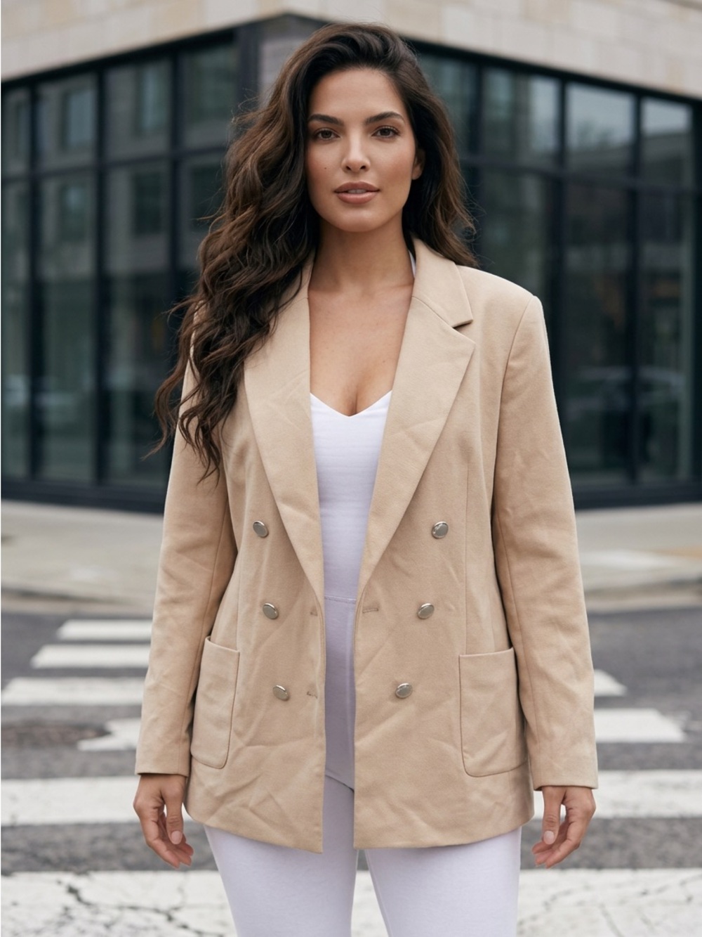 Double-Breasted Beige Blazer Jacket